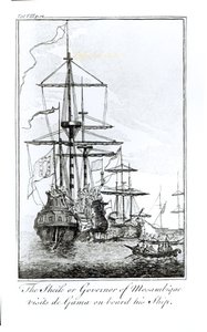 莫桑比克酋长或总督访问他的船上的da Gama（雕刻）（捆绑照片）; 作者 英语学校