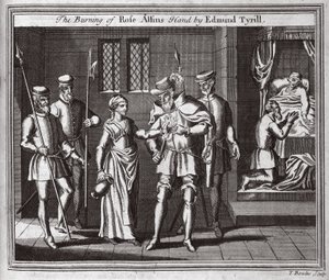 Edmund Tyrill焚烧Rose Allins手，来自Foxes Martyrs c.1703的插图 作者 英语学校