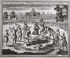 在监狱中死去的Wm Wiseman埋葬的方式，来自Foxes Martyrs的插图c.1703 作者 英语学校
