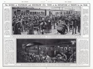 1914年8月第一次世界大战战争部队离开时滑铁卢和豪恩斯洛站的场景