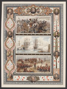 Three vignettes depicting naval and land battle scenes, including R Caton Woodville