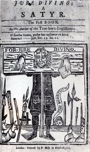 Jure Divino的第一本书的标题页 - 丹尼尔·迪福（1660-1731）的萨特尔出版于1706年 作者 英语学校