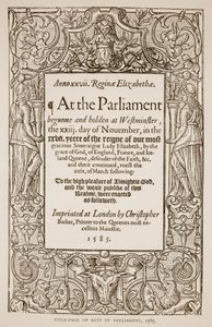 议会法案页，由Christopher Barker（1528-99），1585年印制（棕褐色照片） 作者 英语学校