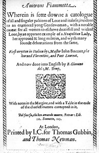 由Giovanni Boccaccio撰写的Amorous Fiammetta的标题页，英文翻译于1587年出版