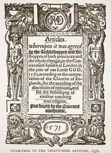 1571年的三十九篇文章的标题页，英格兰教会的插图：人民历史由HDM Spence-Jones，酒吧。 c.1910（棕褐色照片） 作者 英语学校