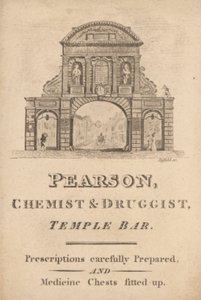 伦敦Temple Bar的Pearson化学家和药剂师的贸易卡（雕刻）。 作者 英语学校