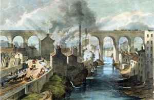 约 1845 年，伦敦和西北铁路上的列车穿越斯托克波特高架桥（彩色石版印刷）。 作者 英语学校