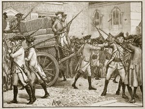 1766年纽约市政厅护送盖章纸的部队，插图来自卡塞尔斯画报英国历史（棕褐色照片） 作者 英语学校