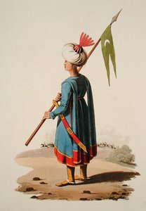 土耳其士兵，摘自《各国服装》第七卷 "土耳其的军事服装"，托马斯-麦克莱恩著，约1800-18年出版（手绘水印）。 作者 英语学校