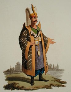 土耳其战士，摘自《各国服装》第七卷 "土耳其的军事服装"，托马斯-麦克莱恩著，约1800-18年出版（手绘水印）。 作者 英语学校
