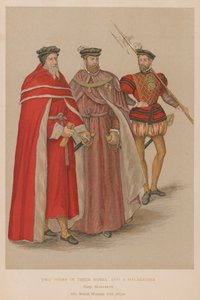 穿着长袍的两个同伴和伊丽莎白时代的一个Halberdier 作者 英语学校