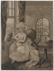 无题（女人坐在窗口关于一只小狗），c.1780（mezzotint） 作者 英语学校