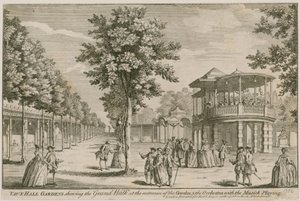 伦敦沃克斯豪尔花园（Vauxhall Gardens），在花园和管弦乐队的入口处展示Grand Walk，音乐播放 作者 英语学校