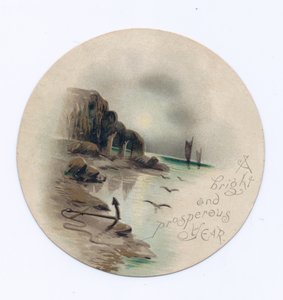 维多利亚时代的圆形新年卡，描绘了月夜中两艘游艇的海景，约1880年（彩色平印）。 作者 英语学校