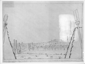 Roxborough教堂，Kings Arms和Browns House烟囱的视图，从萨利港和右手堡垒之间的堤坝，1776年 作者 英语学校