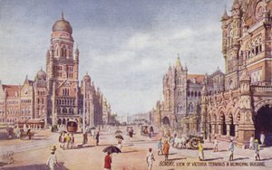 孟买维多利亚总站和市政大楼景观（彩色石版画） 作者 英语学校
