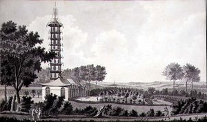 带有中国塔的荷兰花园景观，约1770年（纸上水彩笔墨）。 作者 英语学校