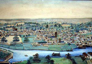 城镇和河流的景色，约1830年（纸上水彩）。 作者 英语学校