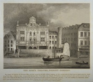 公爵剧院，多塞特郡花园的看法，从泰晤士河，1814年 作者 英语学校