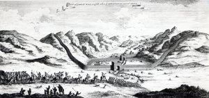 大使进入中国的长城景观，来自约翰哈里斯的“旅行与旅行的集合”，1748年 作者 英语学校