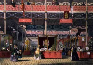 1851年大展的西班牙和葡萄牙展区，来自迪金森的《综合图片》（彩色平印）。 作者 英语学校