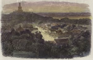 在皇城的花园和佛教寺庙的视图 作者 英语学校