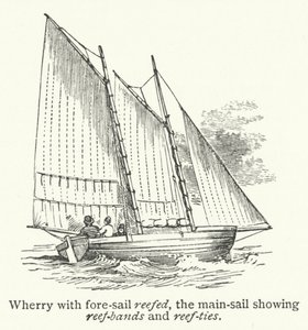 收起前帆的 Wherry，主帆上有暗礁带和暗礁绳（雕刻） 作者 英语学校