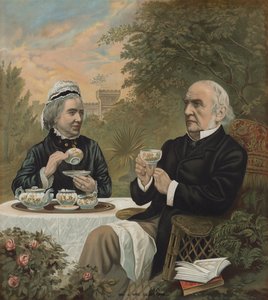 威廉·埃尔特·格拉德斯通，英国自由派政治家和总理，1891年与妻子哈丽特一起喝茶