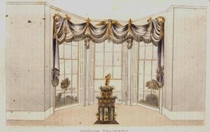 窗帘，图版113，来自Ackermann的《艺术文献》，1820年出版（彩色平版印刷 作者 英语学校