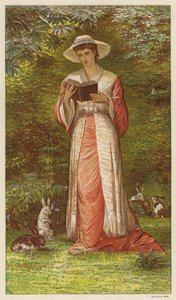 妇女在花园里看书，旁边有兔子（彩色石版画） 作者 英语学校