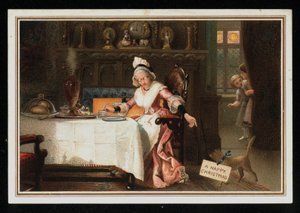 Woman taking tea with her cat, Christmas greetings card. (chromolitho) 作者 英语学校