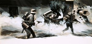 第二次世界大战的士兵用火焰喷射器攻击一个掩体 作者 英语学校