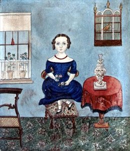 年轻女孩在室内的椅子上跳舞，约1840年（纸上水彩）。 作者 英语学校