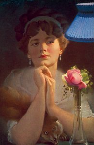 灯下的年轻女子和一只狐狸（彩色石版画） 作者 英语学校