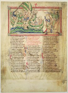f.4v托马斯·贝克特（Thomas a Becket）登陆桑威奇（Sandwich）并祝福水，来自Becket Leaves，c.1220-40 作者 英语学校