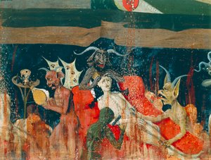 地狱中的恶魔和被诅咒者，《圣母加冕祭坛画》的细节 作者 Enguerrand Quarton
