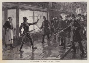 警察在伦敦街头遇到一名身穿中世纪盔甲的男子（石版画）