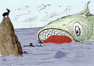 Illustration of the tale “Pinocchio” by Carlo Collodi. A huge fish apprehended to eat Pinocchio. Illustration by Enrico Mazzanti (1852-1910) for the edition of 1883. 作者 恩里科·马赞蒂（Enrico Mazzanti）