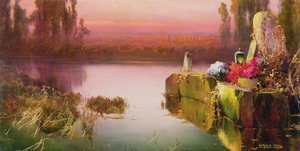 夕阳下被淹没的废墟，约1898年（布面油画）。 作者 恩里克·塞拉（Enrique Serra）