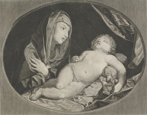 圣母双手交叉在胸前，看着熟睡的婴儿基督，在...，1770-1834年。 作者 以法莲·戈特利布·克鲁格