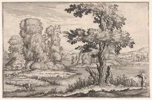 山羊在河边吃草的风景，右前方有一个人物，来自于一幅绢画，1638年。