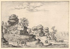 有农民住宅的风景，左前方有一个人在牵马，来自......，1638年。