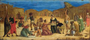 “《西奈沙漠中甘露的收获》”——德·埃尔科勒·罗伯蒂 (Ercole Ferrarese) (c. 1450-1496) 以色列人在画布上收集甘露饼 1490 年代伦敦国家美术馆 28,9x63,5 作者 罗伯蒂（Ercole de Roberti）