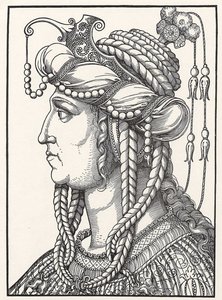 “苏丹娜·罗克斯兰 (Russelazie，鲁塞尼亚人) 或胡勒姆 (Hurrem，原名阿纳斯塔西娅·利索夫斯卡，约 1500-1558 年) 苏丹苏莱曼大帝的妻子的肖像”由埃哈德·舍恩 (Erhard Schoen，1491-1592) 绘制的木版画，约 1532 年 哥达赫佐利切斯博物馆 作者 埃哈德·舍恩（Erhard Schon）