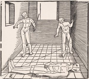 一个房间里的三个男性人物来自：Undererweissung der Proportzion 作者 埃哈德·舍恩（Erhard Schon）