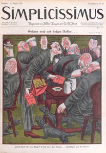 阿道夫-希特勒（1889-1945 年）在慕尼黑啤酒馆销售《我的奋斗》，《Simplicissimus》封面，1925 年 8 月 25 日（彩色石版印刷）。 作者 埃里克·席林