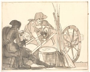 两名士兵在大炮旁玩牌