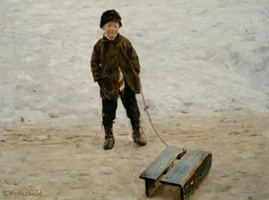 手持雪橇的布里斯凯比男孩