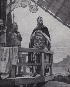 国王爱德华三世在法国克雷西战役中，1346年8月26日（石印）。 作者 欧内斯特（后）板