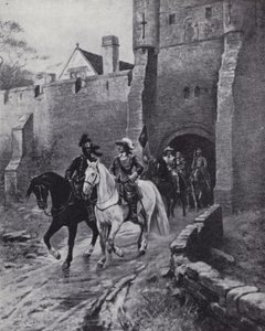 1650年查理二世试图夺回王位时，奥利弗-克伦威尔和他的军队在约克的布萨姆酒吧（litho）。 作者 欧内斯特·克劳夫特（之后）